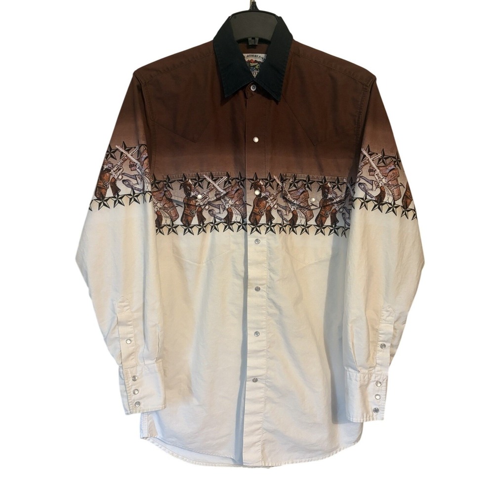 VTG Cumberland Outfitters Western Shirt Pearl Snap Men's M Cowboy Guns Spurs